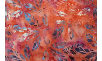 Batik rose orangé feuilles plumes bleues